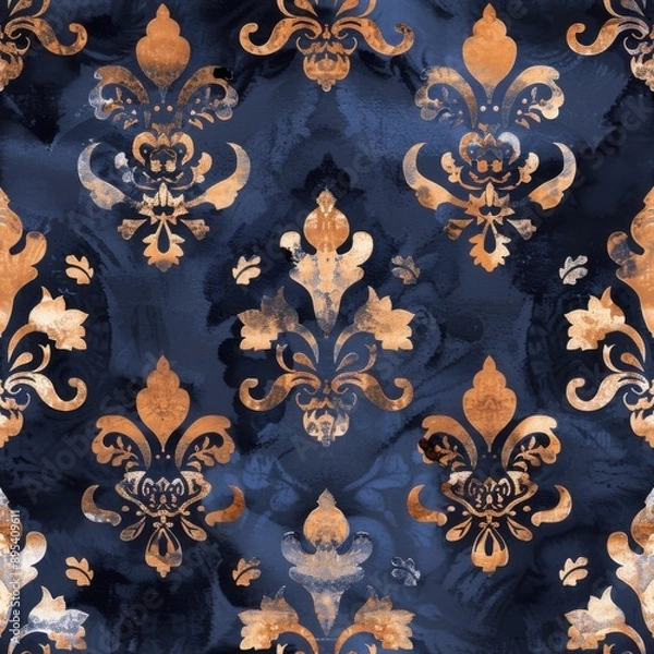 Fototapeta Watercolor navy blue and copper brocade seamless repeating pattern, minimal pattern, high contrasty 