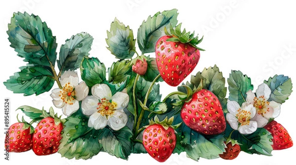 Fototapeta Strawberry berries with strawberry flower and leaves. Watercolor vintage old botanical illustration isolated on transparent background. Retro style. Pastel tones. 