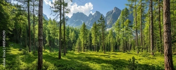 Fototapeta Ancient woods with rugged peaks rising in the background, mysterious and serene, Environment, Timeless Wilderness, copy space for text, focus cover all object, deep dept of filed