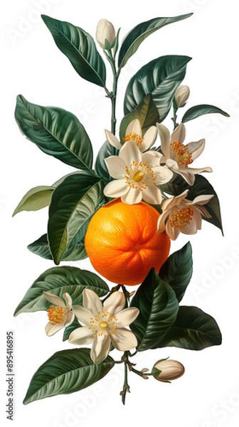 Fototapeta Vintage-style botanical illustration featuring clementine fruit and flowers on transparent background. Retro style. Pastel tones.