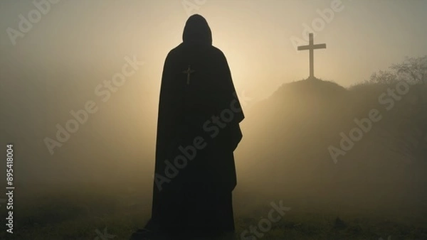 Fototapeta Generative AI, A hooded figure with a cross in a dimly lit space, symbolizing mystery, faith, and spiritual authority