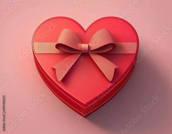 Obraz 上から見たリボンのついた赤いハート型のボックス　余白あり