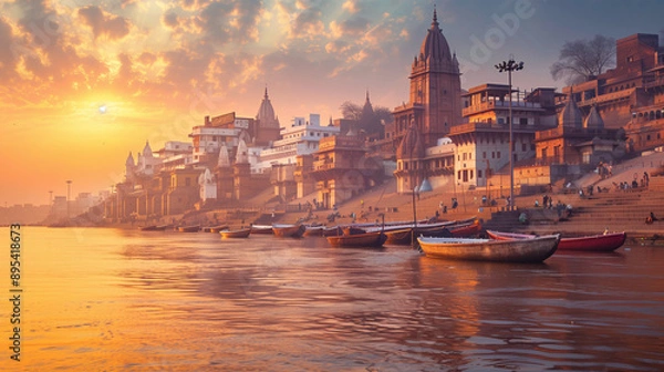Fototapeta Varanasi city with ancient architecture. View of the holy Manikarnika ghat at Varanasi India at sunset 