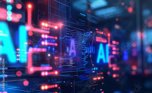 Obraz A high-tech futuristic display with glowing AI text and digital circuits, symbolizing artificial intelligence and innovation.

