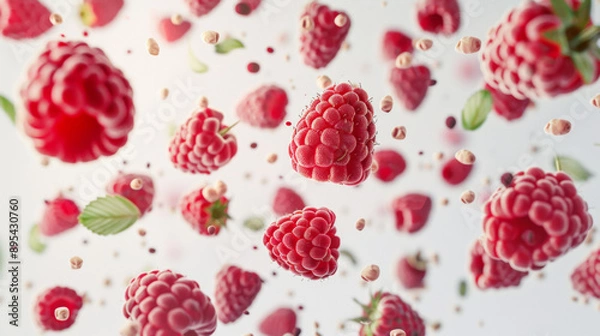 Fototapeta Various falling fresh ripe raspberries isolated on white background