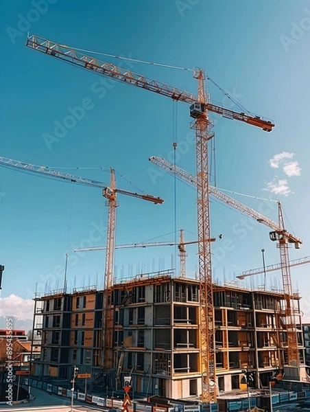 Fototapeta Towering Cranes Reaching for the Sky   A Sprawling Construction Site