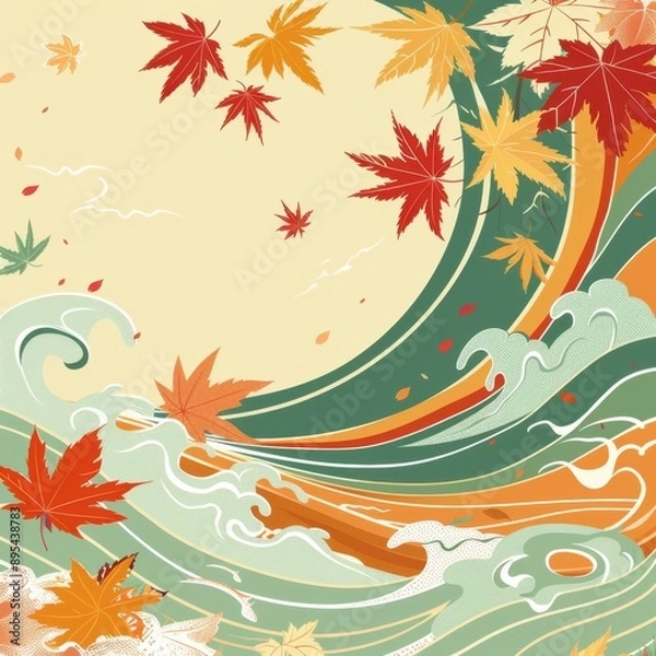 Fototapeta Japanese autumn motifs, maple leaves and waves, flat design illustration