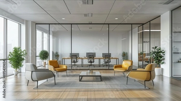 Fototapeta Bright and modern office space with branding and ample copy space, professional design, inspire