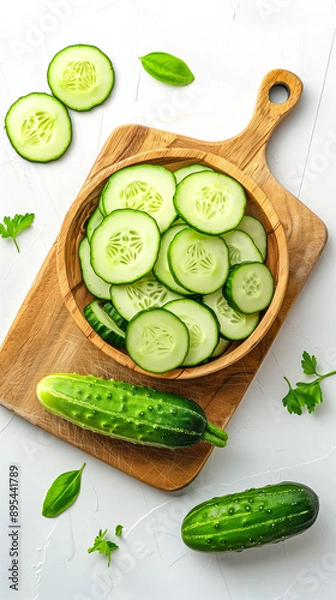 Fototapeta Cucumber slices filled in bowl placed on chopping board, fresh cucumbers outside, top angle