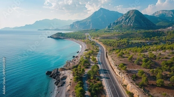 Fototapeta Beach highway in Turkey, surrounded by green nature and mountains. Ideal for a summer vacation adventure.