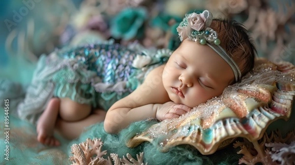 Fototapeta Newborn in a mermaid outfit, sleeping on a shell prop with an underwater-themed background.