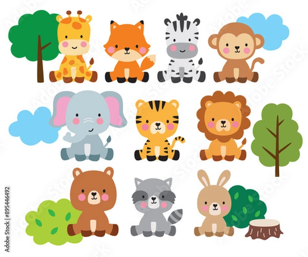 Fototapeta Cute wild baby forest animals vector illustration set including a lion, tiger, giraffe, fox, zebra, monkey, elephant, bear, raccoon, and rabbit.