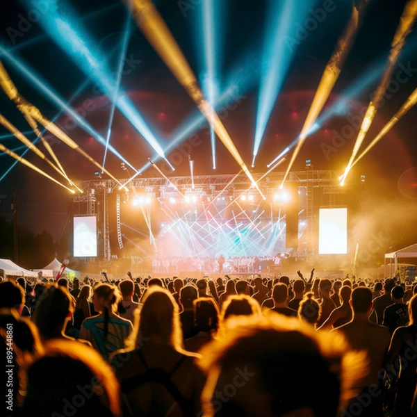 Obraz A music festival with a brightly lit stage. AI generative.