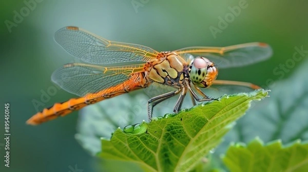 Fototapeta Macro shot of a dragonfly on a green leaf, with a blurred background.