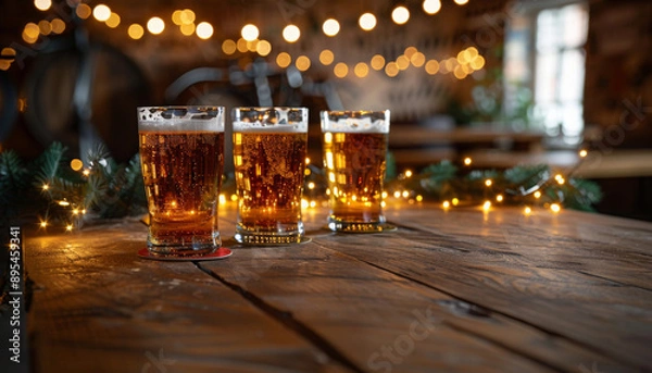 Fototapeta Many glasses of beer on wooden table at a beer festival, a wooden pub with light garland on the background, no people