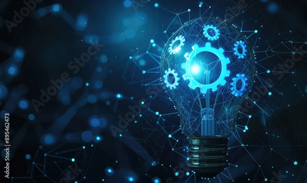 Fototapeta Abstract blue glowing light bulb with gears inside. Machine learning and AI concept Low poly style design. Abstract geometric background. Wireframe light connection structure