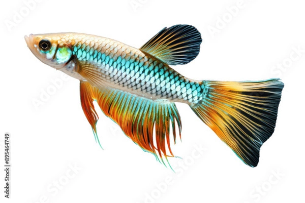 Fototapeta Close-Up of a Beautiful Guppy Fish with Long Fins isolated on transparent background