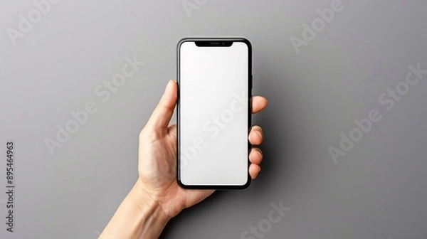 Fototapeta Realistic POV shot of a hand holding a mobile phone with a blank white screen displaying a health and fitness app interface Stock Photo with copy space
