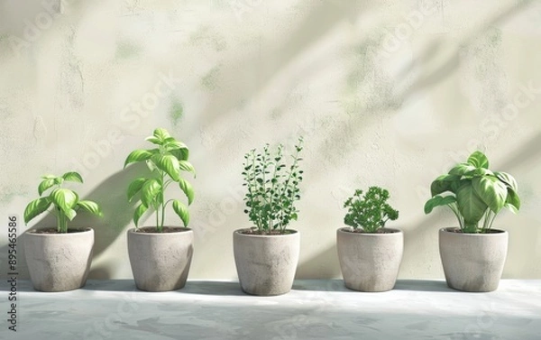 Fototapeta Fresh Herbs in Small Pots on a Sunny Windowsill - Basil, Cilantro, Parsley Growing Indoors in Natural Light, Creating an Inviting Homegrown Atmosphere