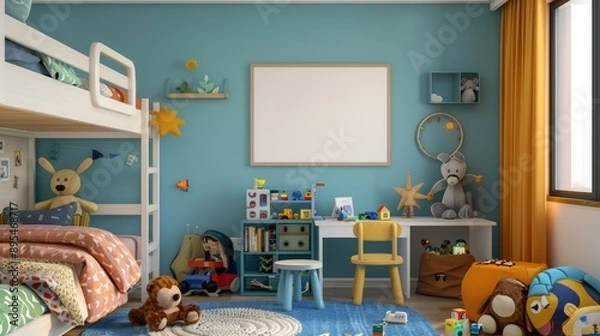 Fototapeta A child's bedroom with a playful bunk bed, colorful bedding, and a blank poster mockup above a desk filled with toys and books