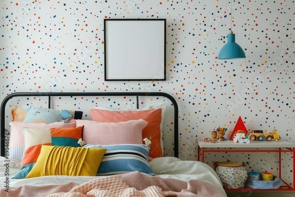 Fototapeta Dreamy and Colorful Kids Bedroom with Whimsical Decor and Blank Poster Mockup for Personalization