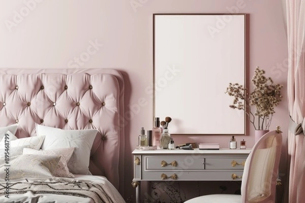 Fototapeta Elegant Feminine Bedroom with Tufted Headboard, Vanity Table, and Blank Poster Mockup for Beauty Product Ads