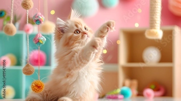 Fototapeta Ragdoll Kitten Playfully Bats at Dangling Toy in Colorful Room