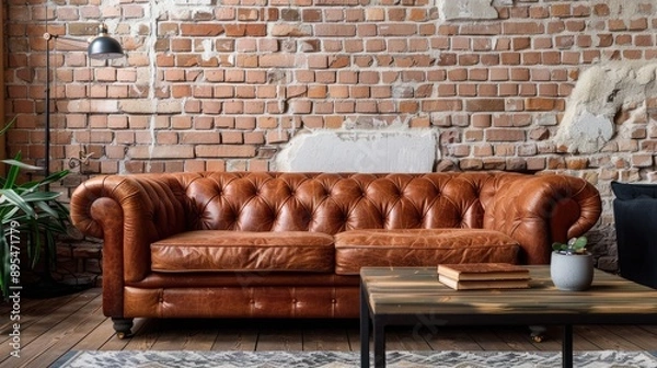 Fototapeta Mockup of loft interior: leather sofa, brick wall, wooden table, copy space background, horizontal format