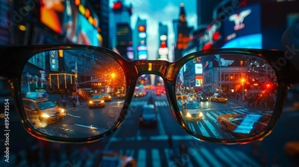 Fototapeta Surrealist editing photography, Times Square at sunset. Featuring Fuji Eterna 250t film aesthetics, strong contrast, extremely detailed glass reflections, and perfect window views.