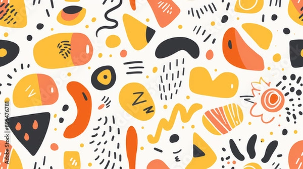 Fototapeta A fun and colorful doodle pattern filled with different shapes in bright colors like orange and yellow. This pattern is great for children or for a trendy design.