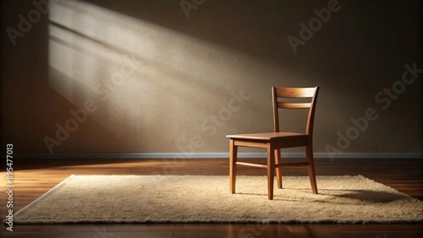 Fototapeta A serene empty wooden chair on a pristine mat in a dimly lit room with subtle warm tones and soft shadows.