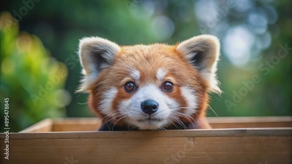 Fototapeta Playful red panda peeking out from a box , cute, red panda, animal, wildlife, furry, adorable, small, mammal, playful, curious