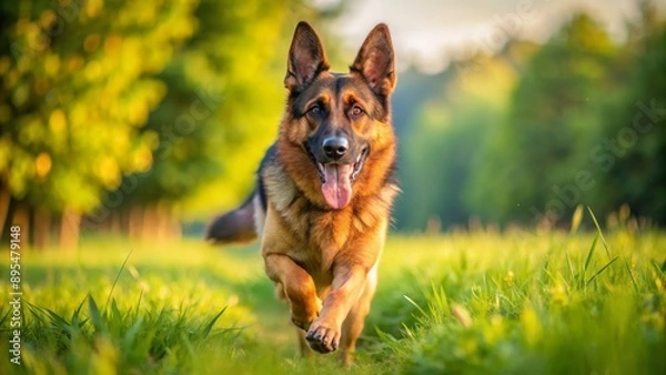 Fototapeta Adorable energetic German Shepherd dog runs freely with joyful abandoned in lush green open space on sunny day.