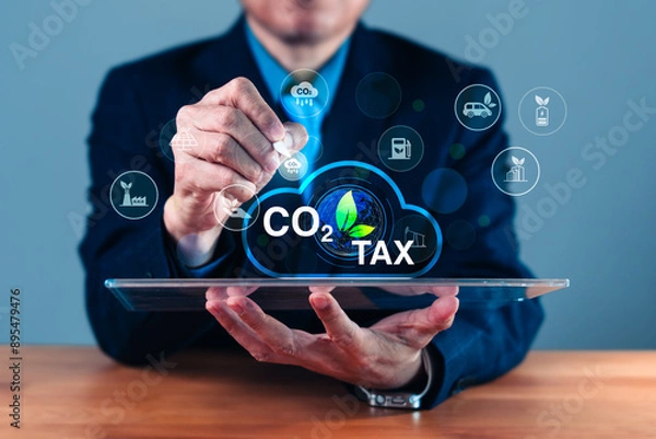 Fototapeta Taxing Carbon Cloud: Man Points to CO2 Reduction Strategy