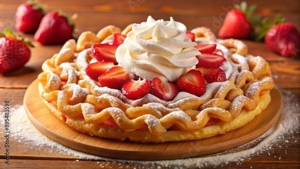 Fototapeta Golden-brown funnel cake overflowing with sweet strawberry filling, topped with a fluffy swirl of whipped cream, against a warm background.