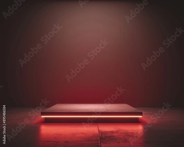 Fototapeta Neonlit square podium stand, minimal style, gaming background, 3D render, modern presentation, side angle, crisp studio lighting, high detail