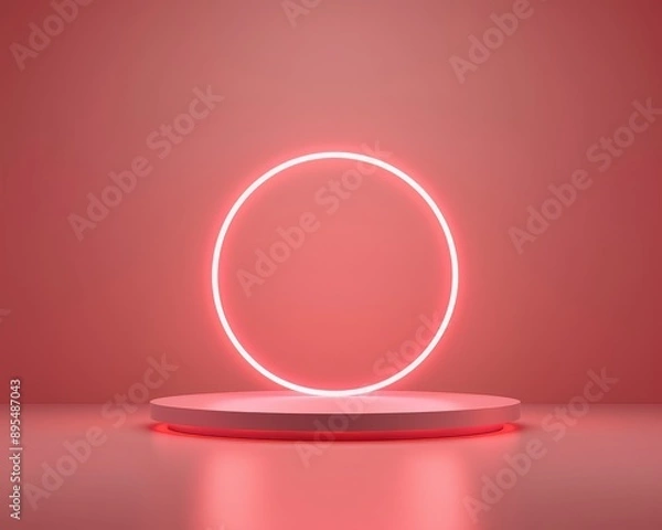 Fototapeta Minimalist square podium stand, neon accents, 3D render, modern and sleek, topdown view, soft studio lighting, high detail