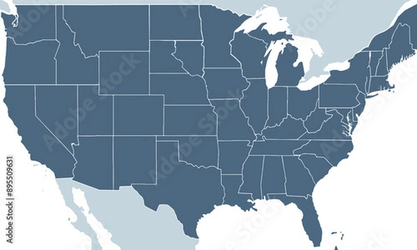 Fototapeta Map of the states and counties in the United Stateswith individual colors,isolated on white background for website layouts,background,education, precise,customizable,Travel worldwide,map silhouette.