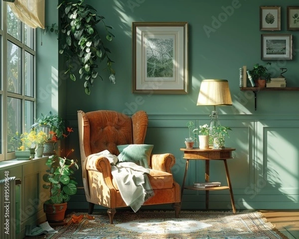 Fototapeta Cozy Reading Nook with Armchair, Side Table, and Floor Lamp in Warm Interior Setting Captured with Sony A7 IV