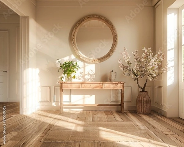 Fototapeta Stylish Foyer Interior with Ornate Mirror, Entryway Table, and Modern Lighting, Captured with Sony A7 IV