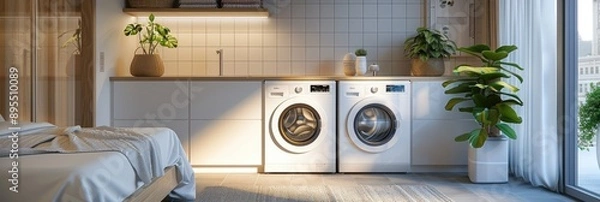 Fototapeta Modern Laundry Room Setup with Washer, Dryer, and Storage Space Shot with a Sony A7 IV