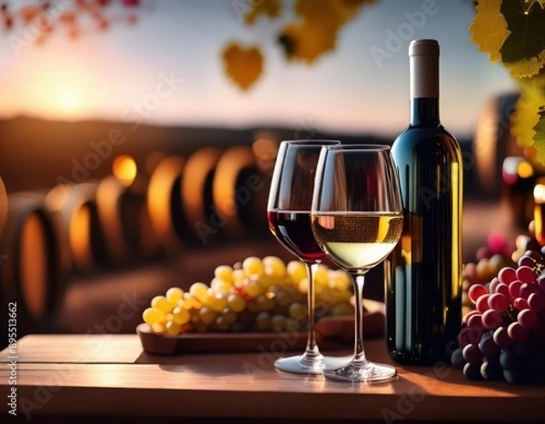 Fototapeta A table with a bottle of wine, a glass, and a wooden barrel with grapes and cheese