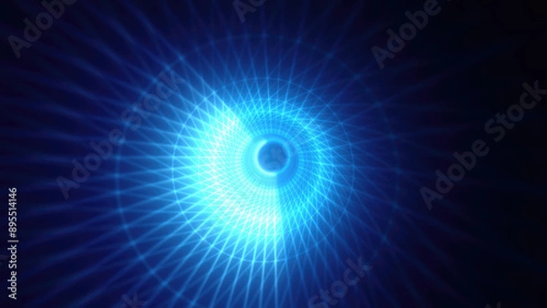 Fototapeta Abstract bright blue glowing background with a tunnel of lines and stripes of energy of burning rays of plasma and electricity with light