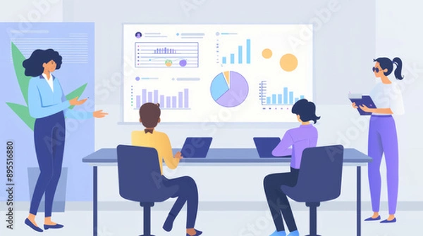 Fototapeta Employees gather at a conference table for a workplace presentation. A woman stands by a financial infographic projected onto a wall.