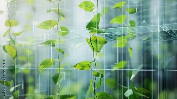 Fototapeta conceptual image of a budget as a series of digital vines climbing a transparent wall, with each leaf representing a different expenditure or revenue stream