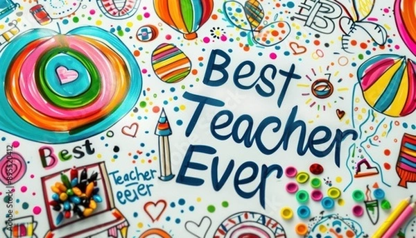 Fototapeta A colorful whiteboard with "Best Teacher Ever" written in bold letters surrounded by educational doodles and decorations