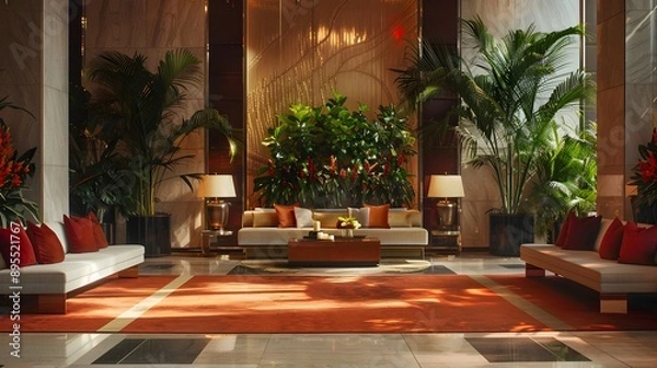 Fototapeta A luxurious hotel lobby featuring elegant seating arrangements, vibrant greenery, and tasteful decor, creating a welcoming atmosphere for guests. 