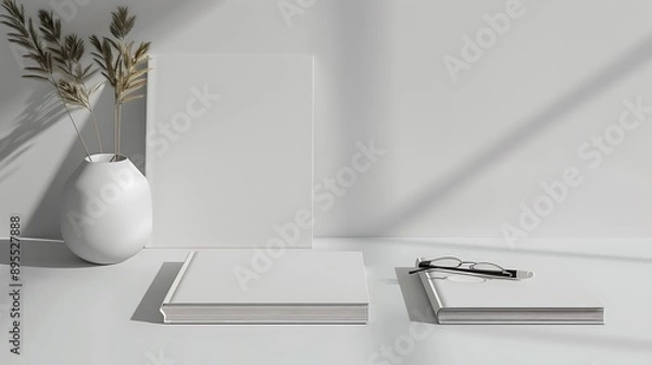 Obraz Minimalist White Desk With Notebook and Coffee Cups