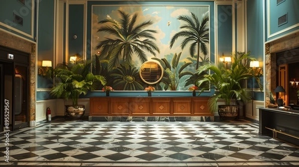 Fototapeta A luxurious hotel lobby featuring elegant palm tree murals, polished marble floors, and lush indoor plants, creating a sophisticated atmosphere. 