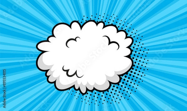 Fototapeta Cartoon smoke cloud background. Comic speed clouds on blue background. Retro frame with balloons and wind. Funny shapes in pop art style. Speech bubble element. Vector illustration.